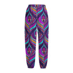 Purple Bohemian Peacock Feather Print Fleece Lined Knit Pants