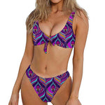 Purple Bohemian Peacock Feather Print Front Bow Tie Bikini