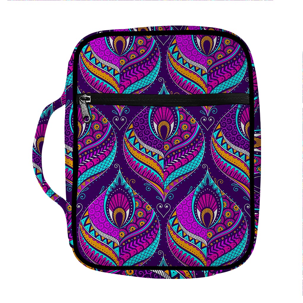 Purple Bohemian Peacock Feather Print Front Pocket Bible Bag