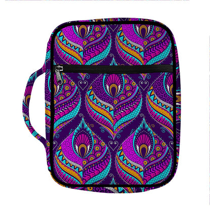 Purple Bohemian Peacock Feather Print Front Pocket Bible Bag