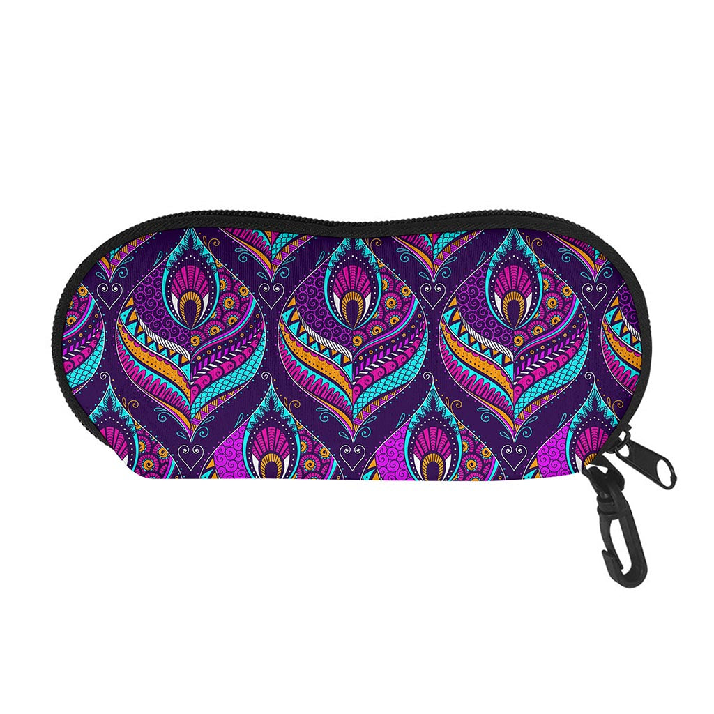 Purple Bohemian Peacock Feather Print Glasses Case