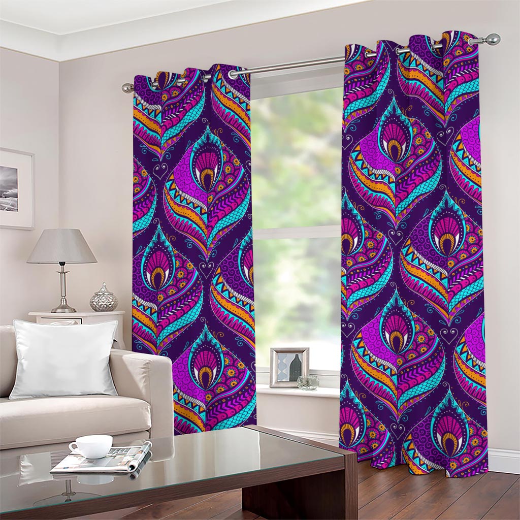 Purple Bohemian Peacock Feather Print Grommet Curtains