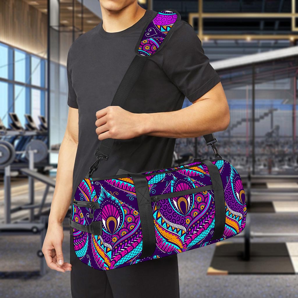 Purple Bohemian Peacock Feather Print Gym Bag
