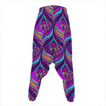 Purple Bohemian Peacock Feather Print Hammer Pants