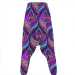 Purple Bohemian Peacock Feather Print Hammer Pants