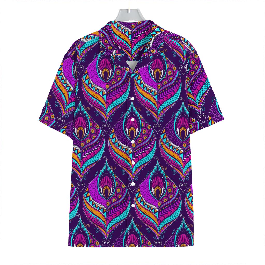 Purple Bohemian Peacock Feather Print Hawaiian Shirt