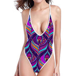 Purple Bohemian Peacock Feather Print High Cut One Piece Swimsuit
