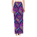 Purple Bohemian Peacock Feather Print High Slit Maxi Skirt