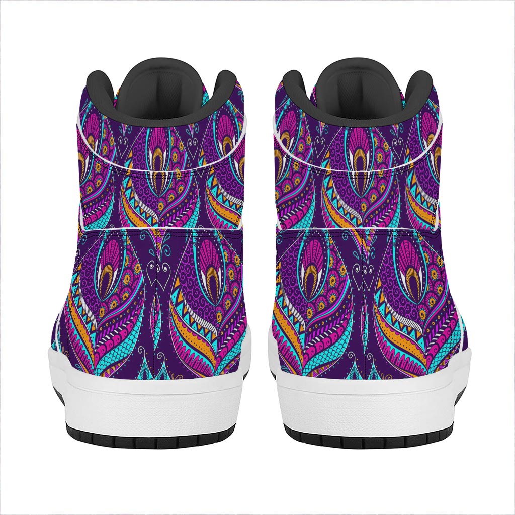 Purple Bohemian Peacock Feather Print High Top Leather Sneakers