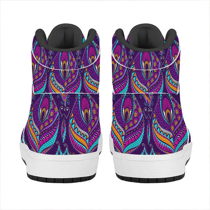 Purple Bohemian Peacock Feather Print High Top Leather Sneakers