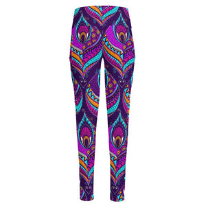 Purple Bohemian Peacock Feather Print High-Waisted Pocket Leggings