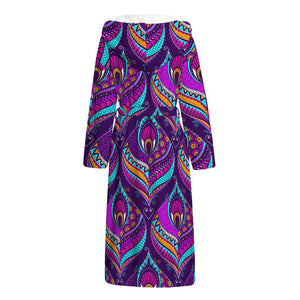 Purple Bohemian Peacock Feather Print Hooded Bathrobe