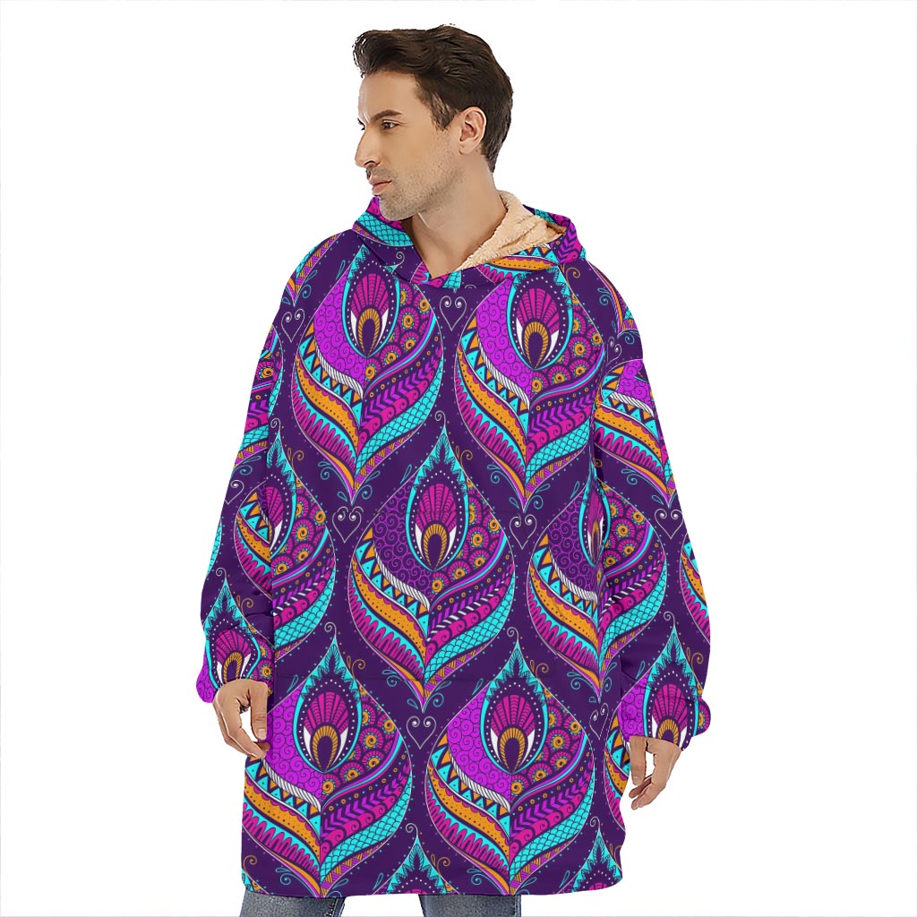 Purple Bohemian Peacock Feather Print Hoodie Blanket