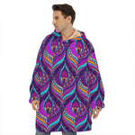 Purple Bohemian Peacock Feather Print Hoodie Blanket