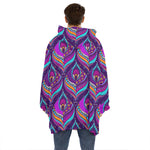 Purple Bohemian Peacock Feather Print Hoodie Blanket