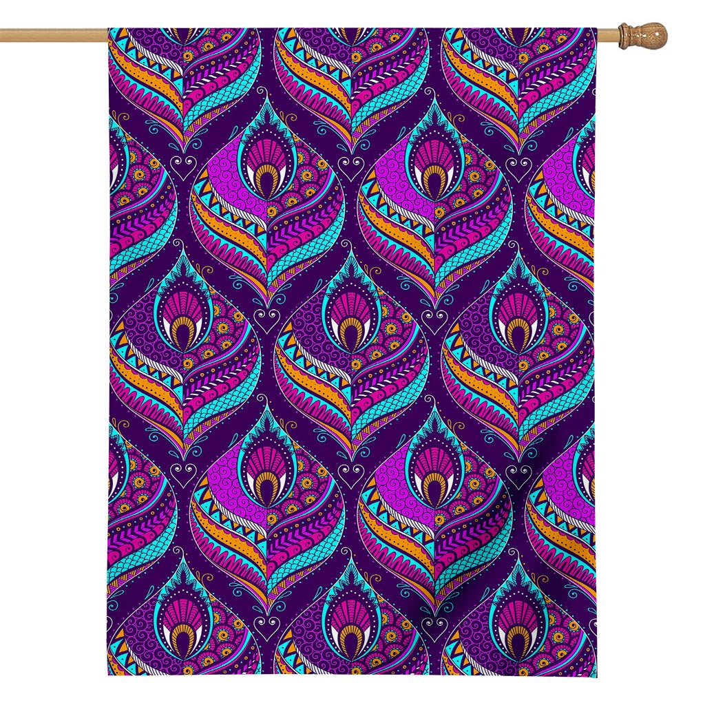 Purple Bohemian Peacock Feather Print House Flag