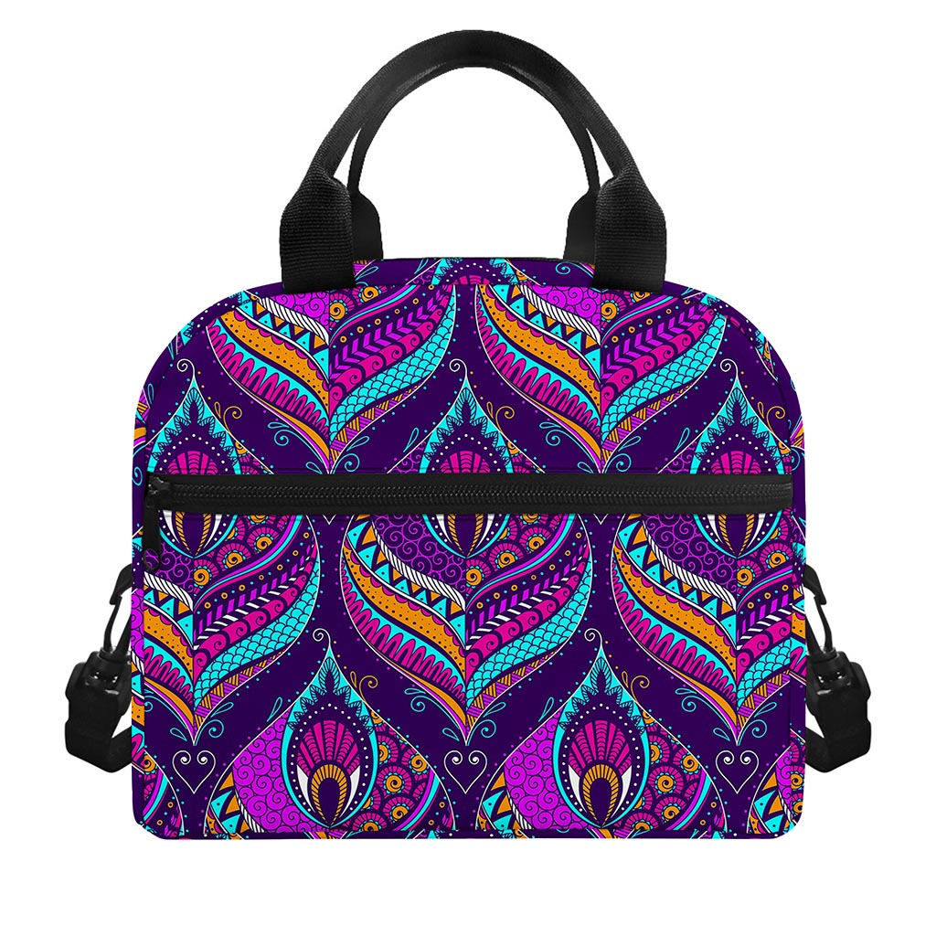 Purple Bohemian Peacock Feather Print Insulated Lunch Bag