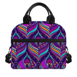 Purple Bohemian Peacock Feather Print Insulated Lunch Bag