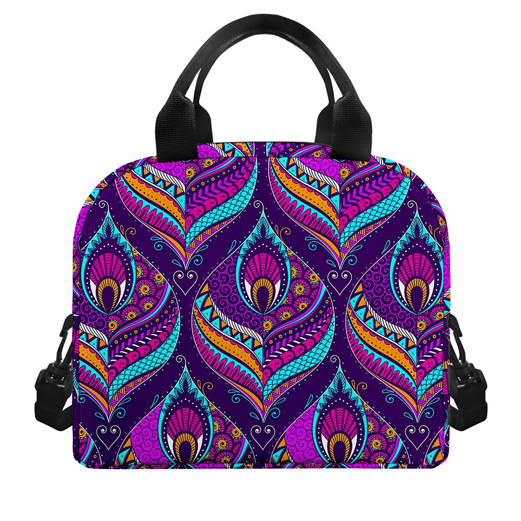 Purple Bohemian Peacock Feather Print Insulated Lunch Bag