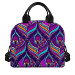 Purple Bohemian Peacock Feather Print Insulated Lunch Bag