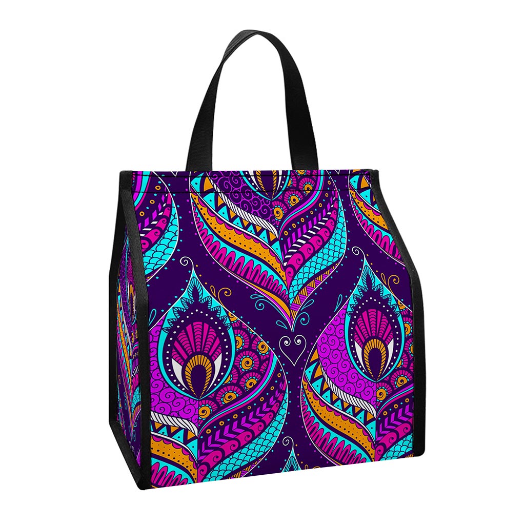 Purple Bohemian Peacock Feather Print Insulated Lunch Tote