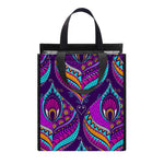 Purple Bohemian Peacock Feather Print Insulated Lunch Tote