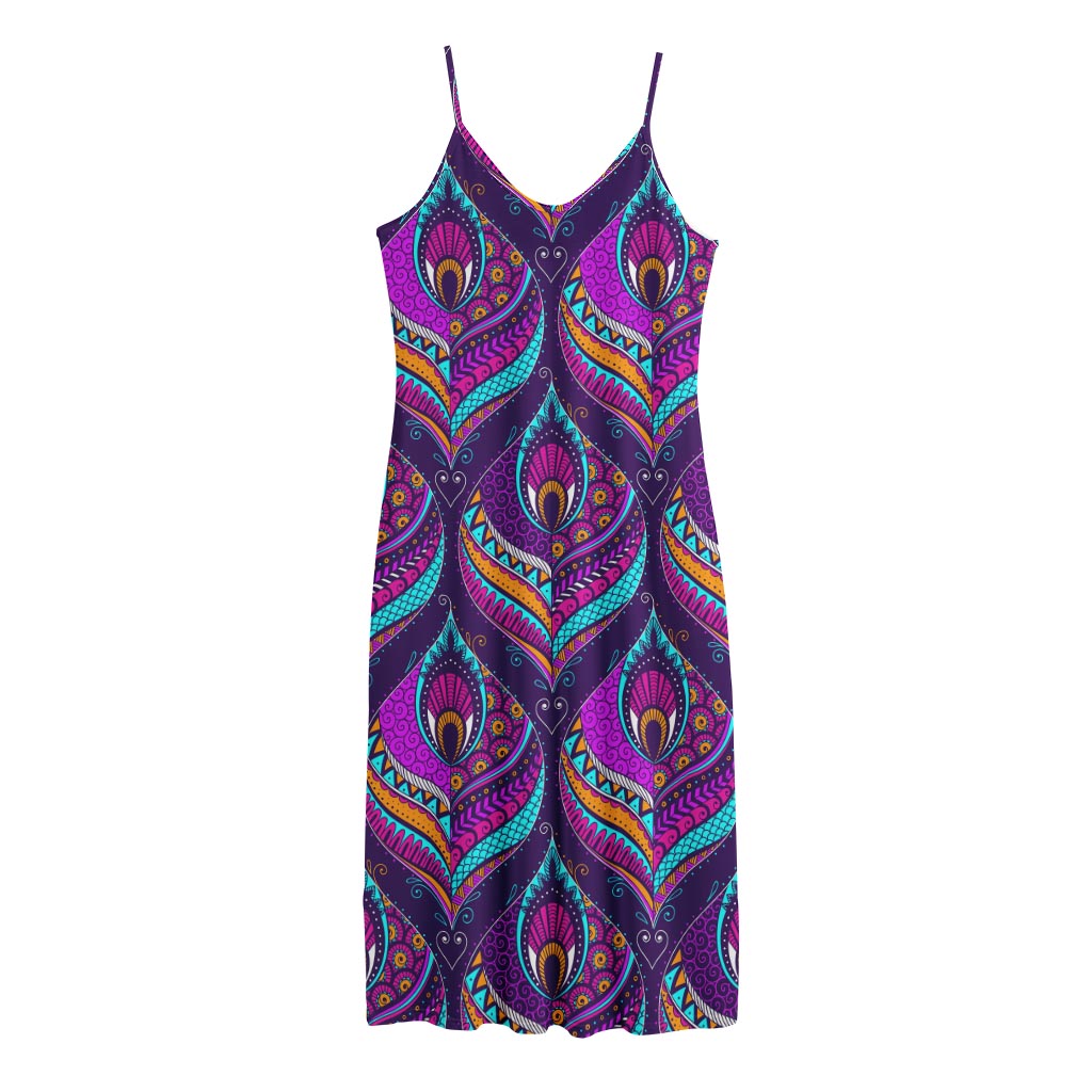 Purple Bohemian Peacock Feather Print Jersey Midi Cami Dress