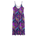 Purple Bohemian Peacock Feather Print Jersey Midi Cami Dress