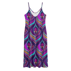 Purple Bohemian Peacock Feather Print Jersey Midi Cami Dress