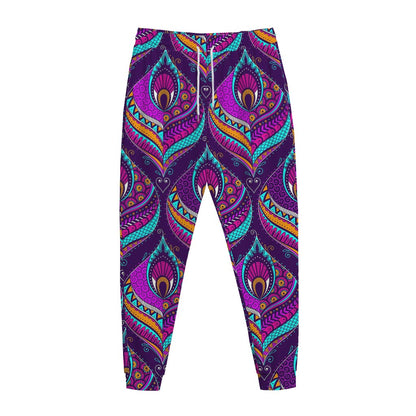 Purple Bohemian Peacock Feather Print Jogger Pants