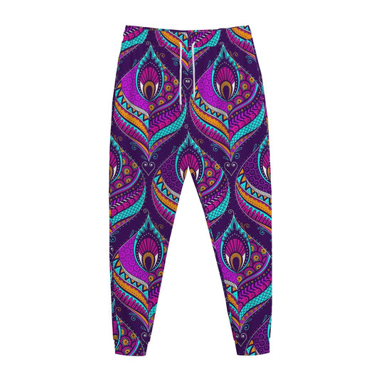 Purple Bohemian Peacock Feather Print Jogger Pants