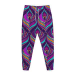 Purple Bohemian Peacock Feather Print Jogger Pants