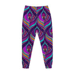 Purple Bohemian Peacock Feather Print Jogger Pants