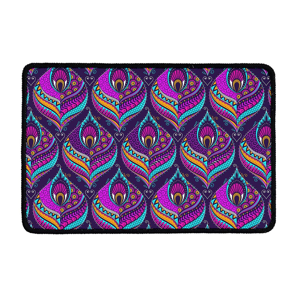 Purple Bohemian Peacock Feather Print Kitchen Mat