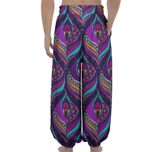 Purple Bohemian Peacock Feather Print Lantern Pants