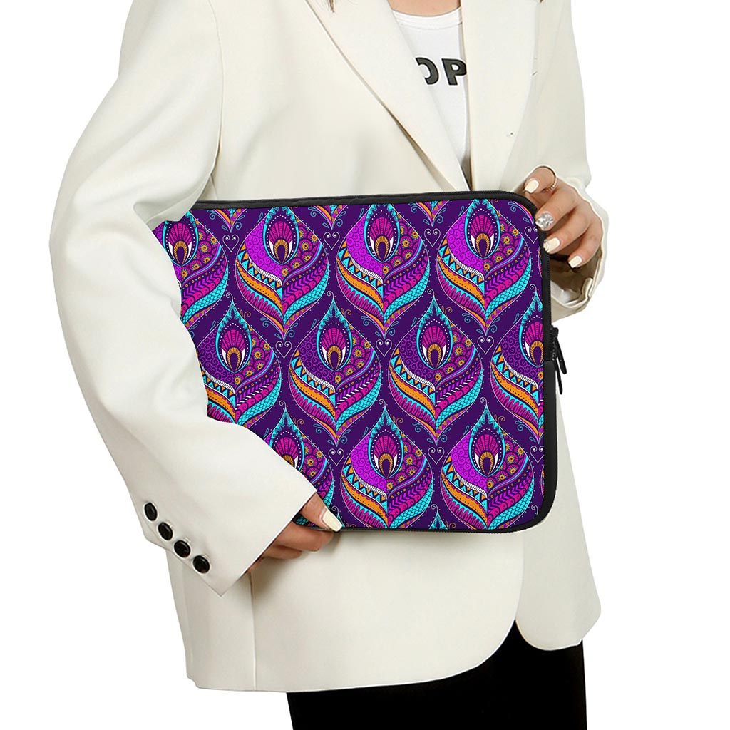 Purple Bohemian Peacock Feather Print Laptop Sleeve