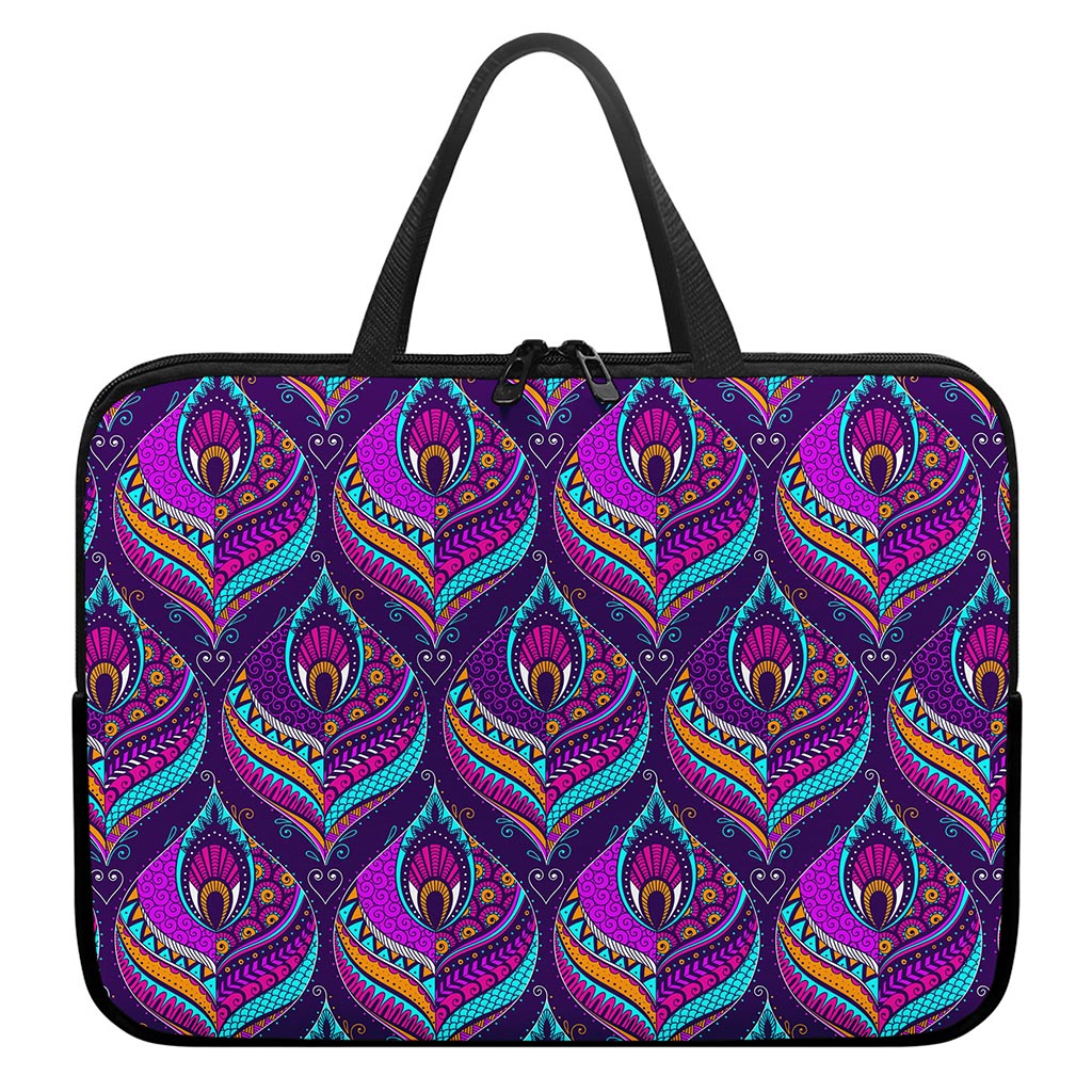 Purple Bohemian Peacock Feather Print Laptop Sleeve With Handle