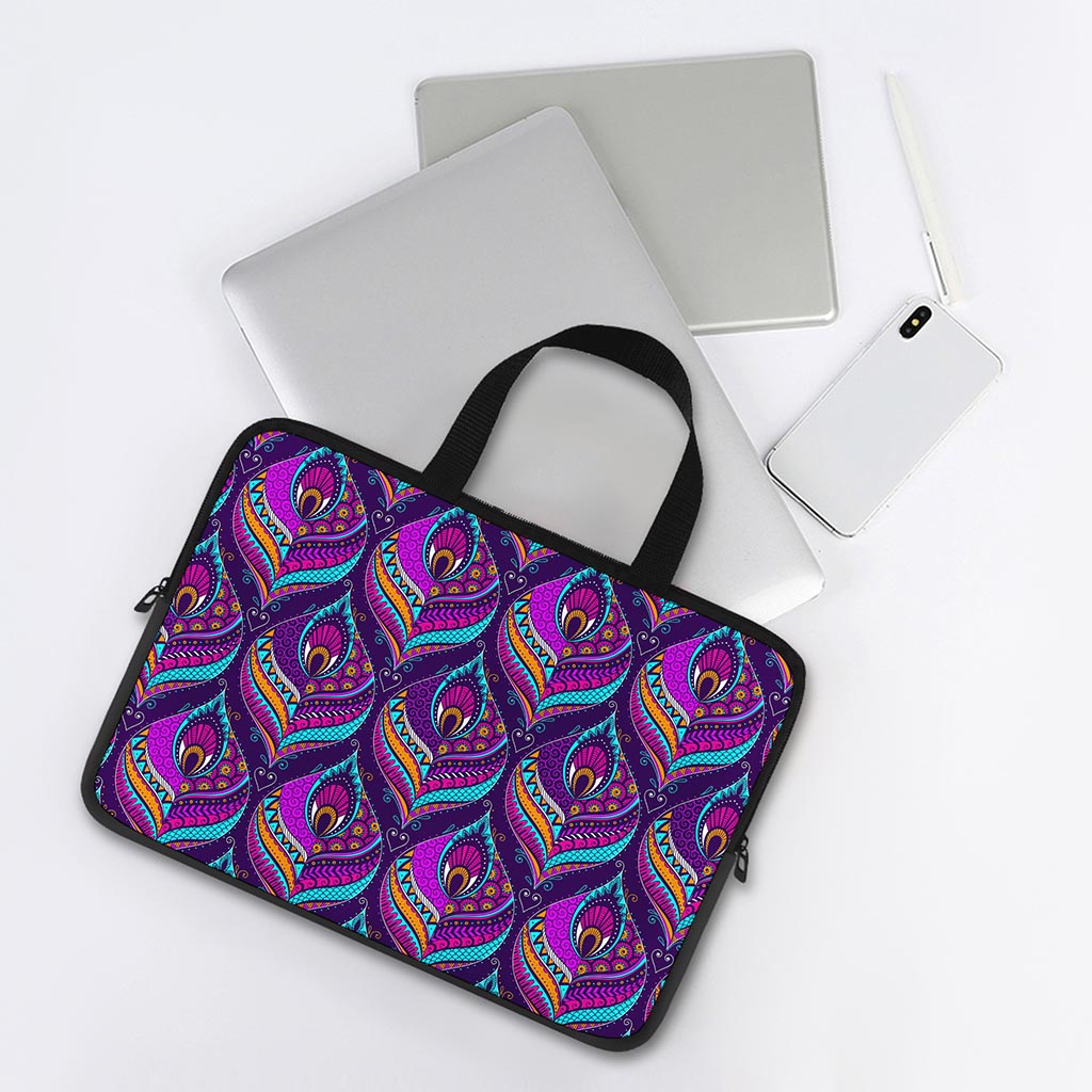 Purple Bohemian Peacock Feather Print Laptop Sleeve With Handle