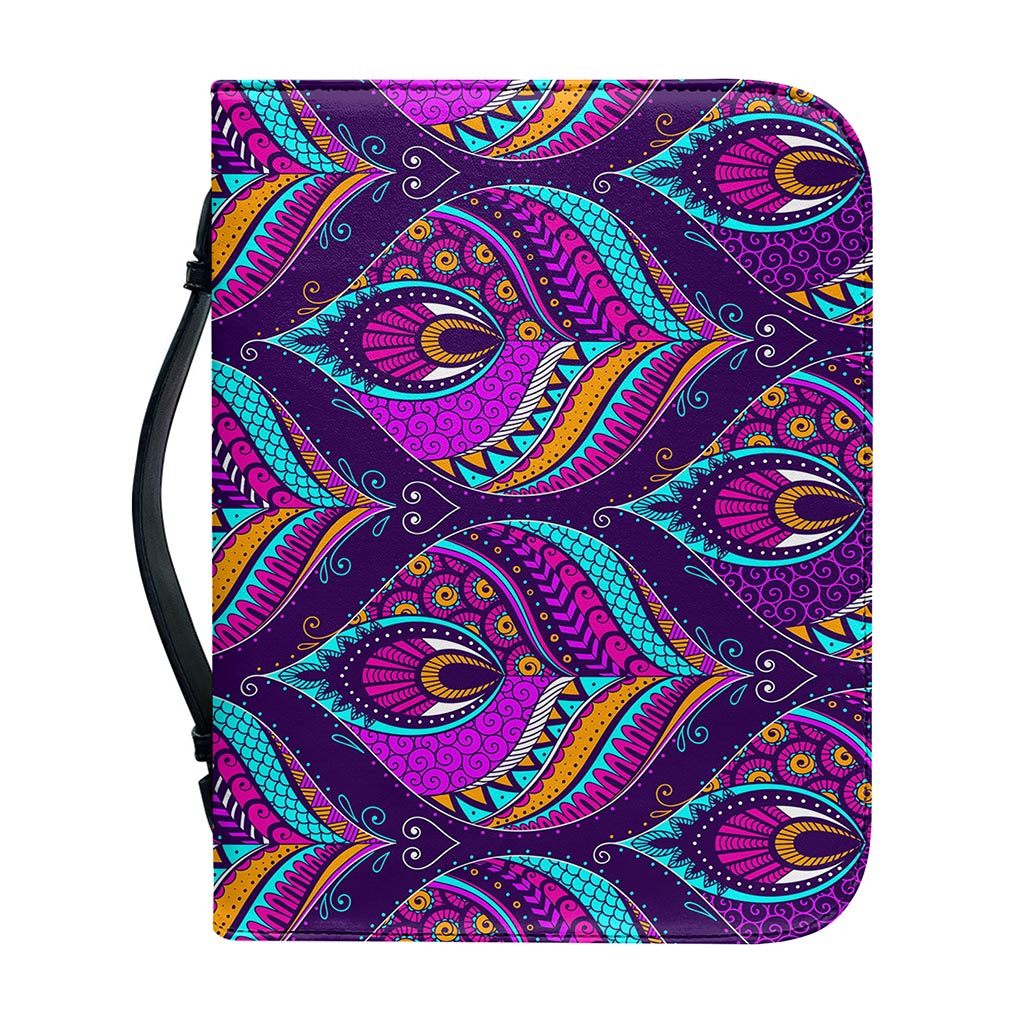 Purple Bohemian Peacock Feather Print Leather Bible Cover