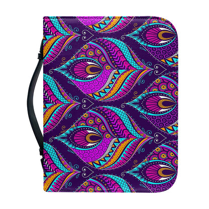 Purple Bohemian Peacock Feather Print Leather Bible Cover