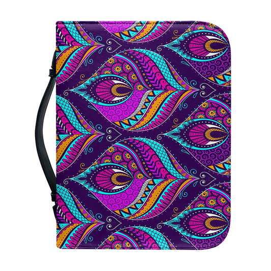 Purple Bohemian Peacock Feather Print Leather Bible Cover