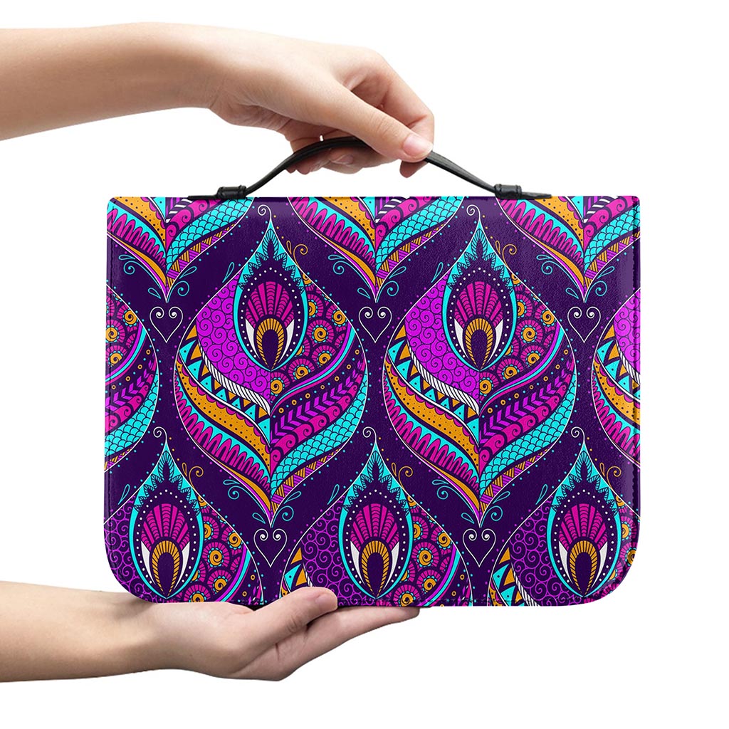 Purple Bohemian Peacock Feather Print Leather Bible Cover