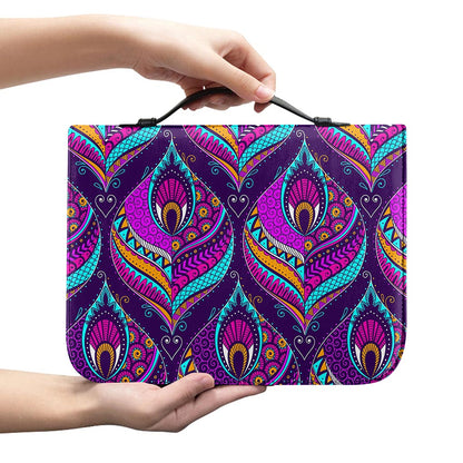 Purple Bohemian Peacock Feather Print Leather Bible Cover