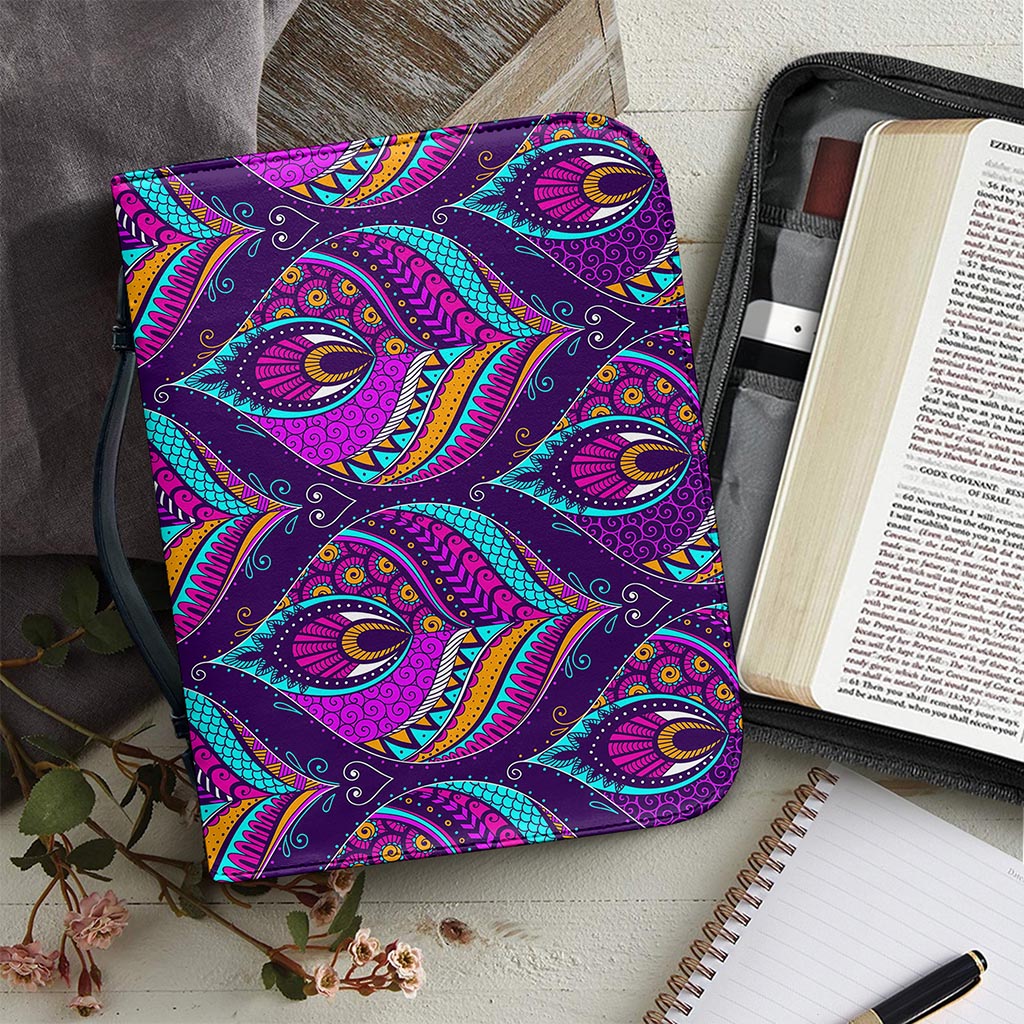 Purple Bohemian Peacock Feather Print Leather Bible Cover
