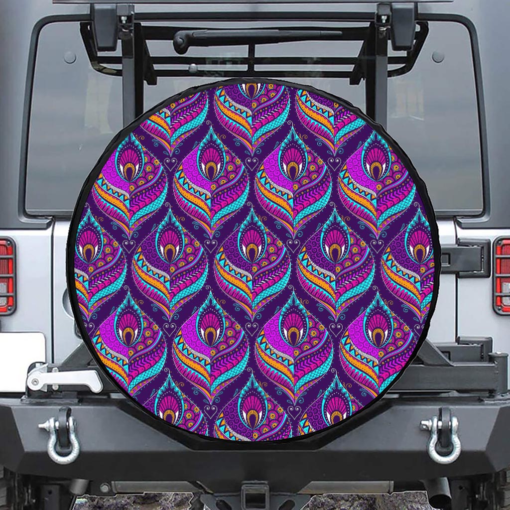 Purple Bohemian Peacock Feather Print Leather Spare Tire Cover