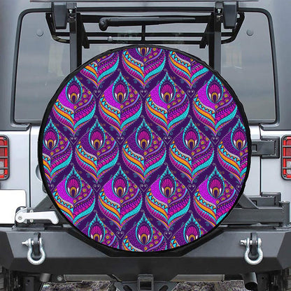 Purple Bohemian Peacock Feather Print Leather Spare Tire Cover