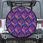 Purple Bohemian Peacock Feather Print Leather Spare Tire Cover