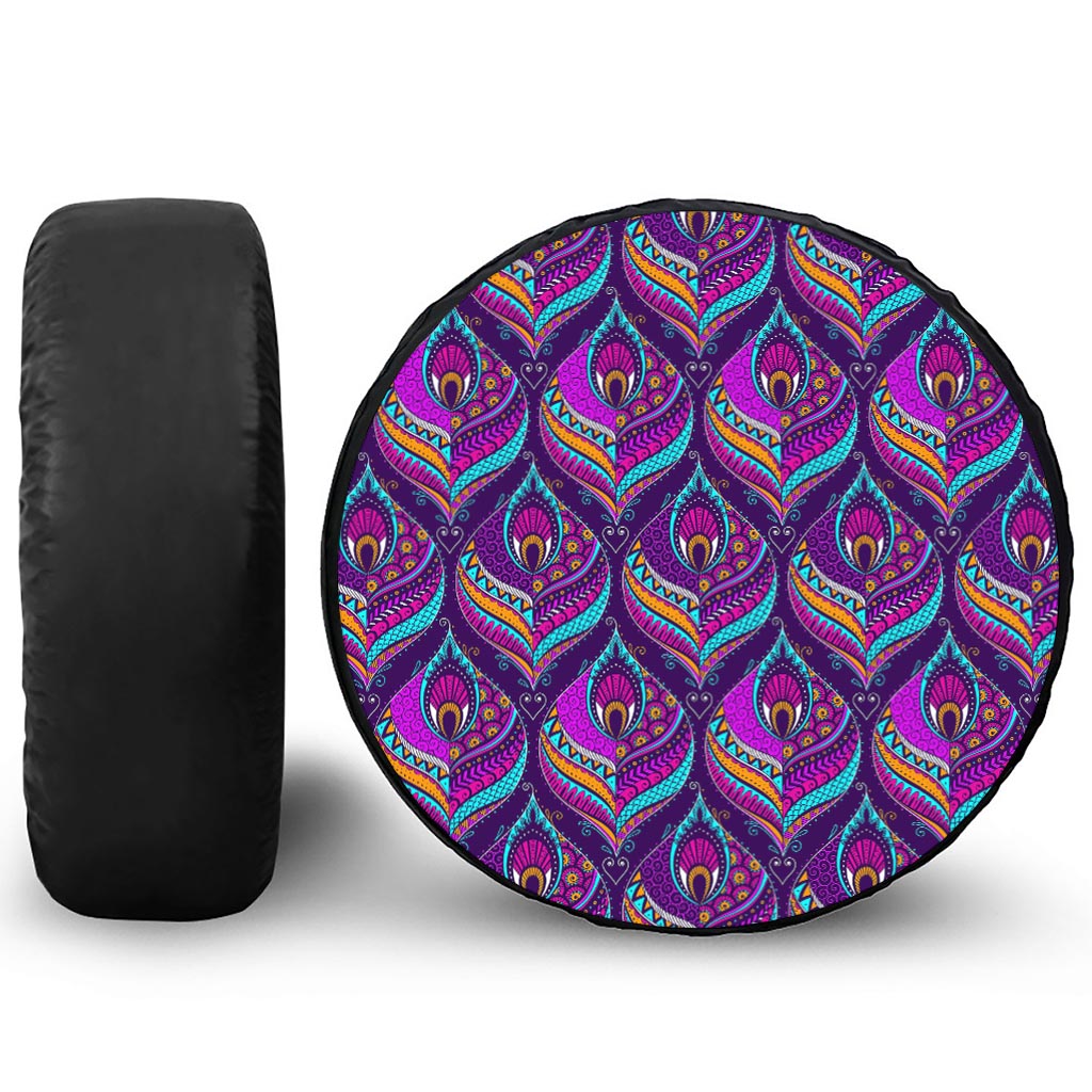 Purple Bohemian Peacock Feather Print Leather Spare Tire Cover