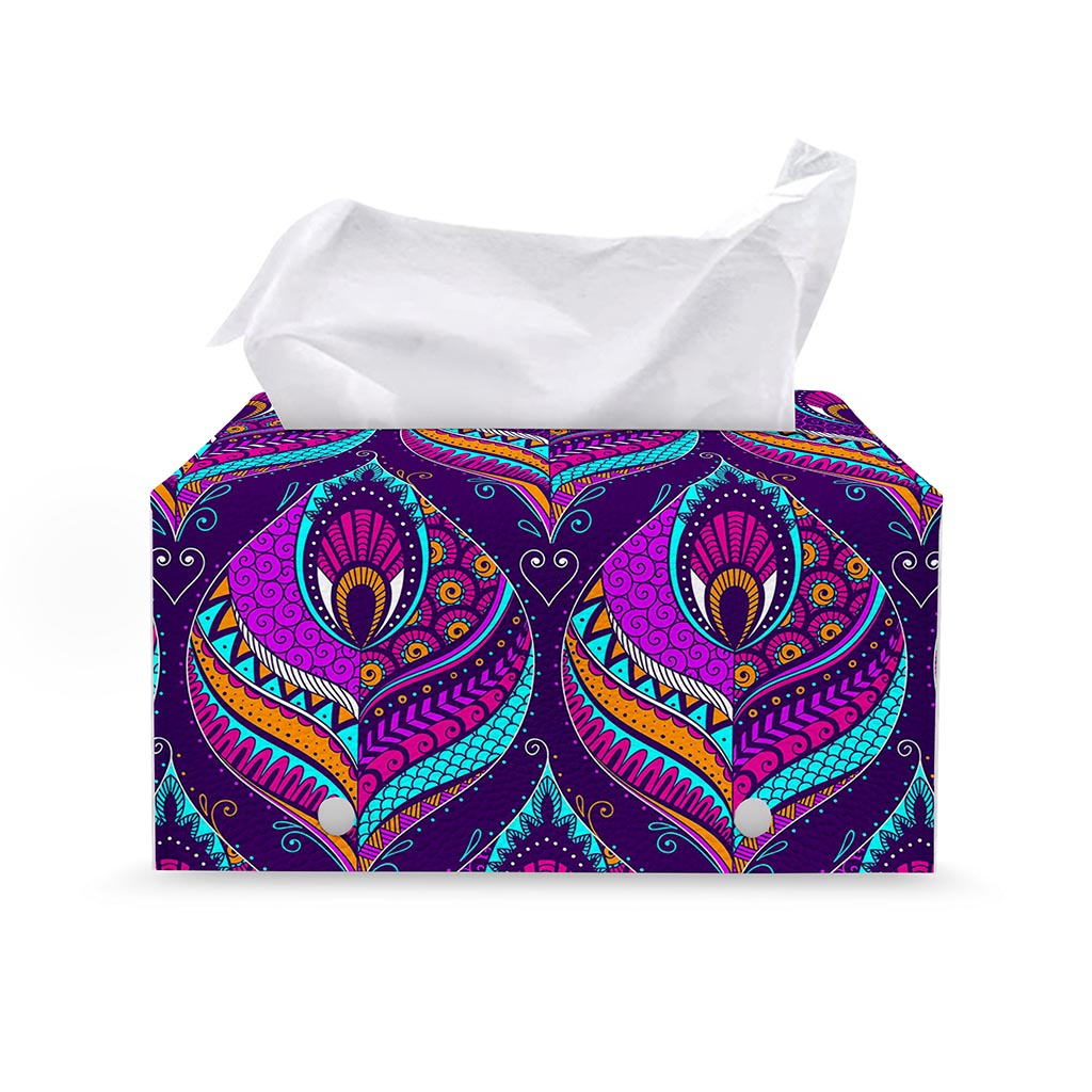 Purple Bohemian Peacock Feather Print Leather Tissue Box Cover