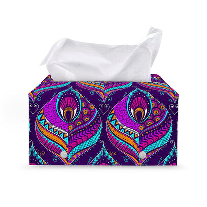 Purple Bohemian Peacock Feather Print Leather Tissue Box Cover